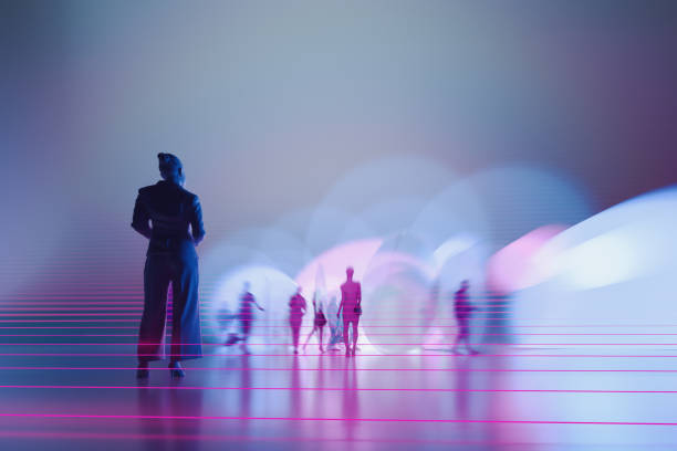 People silhouettes between abstract glass pieces  - 3D generated image.