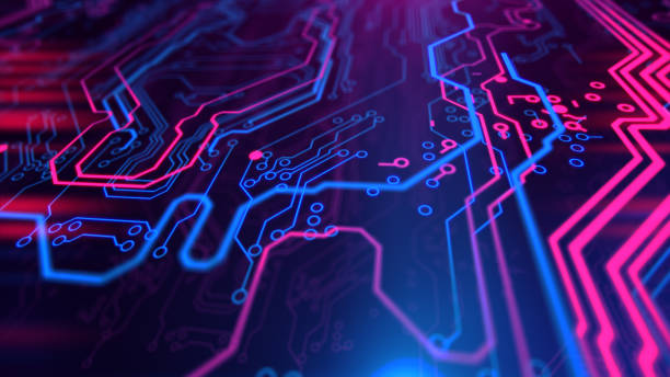 Printed circuit board. 3D illustration. Circuit board futuristic server code processing. PCB, Code, HTML.
